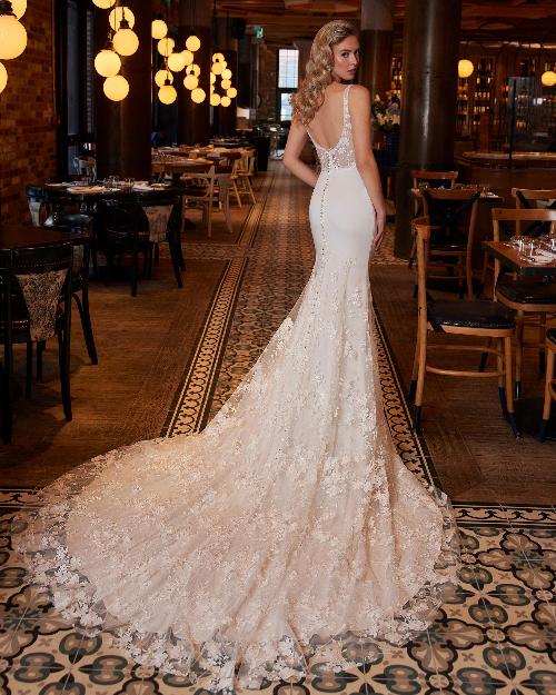 La22246 satin sheath wedding dress with lace and scoop neckline 1